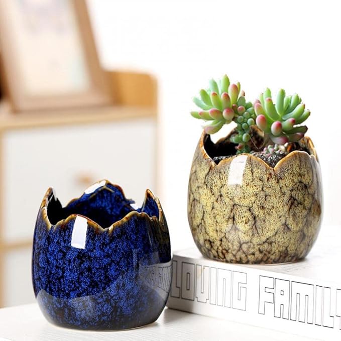 Simcat Succulent Pots with Drainage Half Dragon Egg Shell Design Ceramic Flower Pot 4 Cactus Planter Pots Marble Print Succulent Plant Pots + Bamboo Tray for Home Office Desktop Windowsill Décor