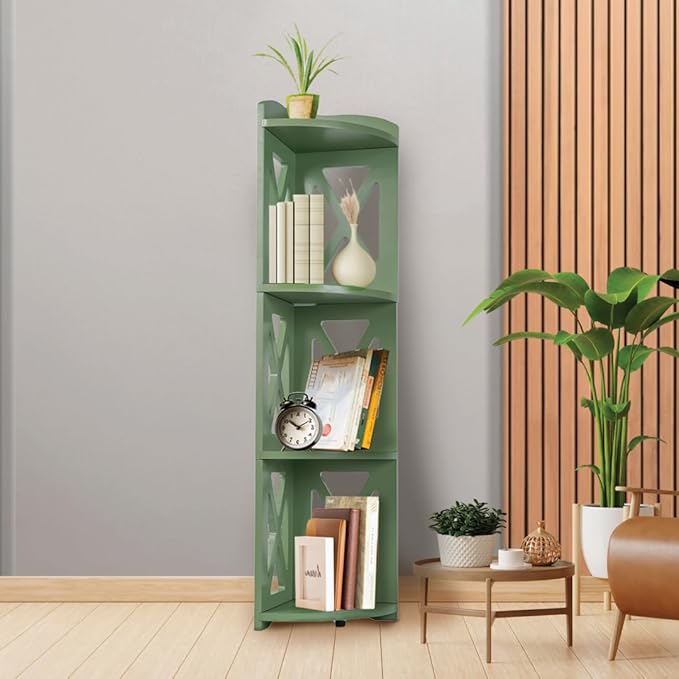 NHZ Corner Shelf Stand, Wood Corner Bookshelf, Corner Bookcase and Plant Stand (Green, 4 Tier)