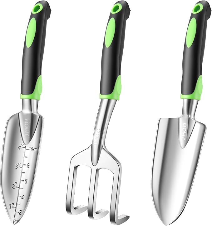 JMOO Garden Tools, 3-Piece Garden Tool Set with Non-Slip Ergonomic Handles, Lightweight Aluminum Alloy Rust-Proof Durable Gardening Hand Tools, Ideal Gardening Tools Gifts for Women and Men