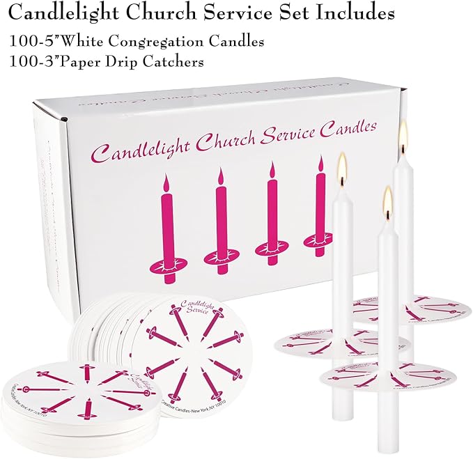 100 White Odorless Taper Candles - Handheld with Drip Protection, 5 Inches - Church & Sabbath Religious Candles