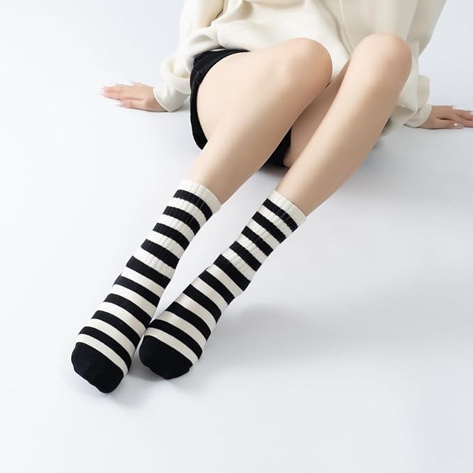 Yoga Pilates Socks with Grips for Women Non Slip Striped Cushioned Crew Socks for Barre Ballet Dance