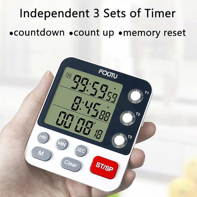 FCXJTU Digital Dual Kitchen Timer, 3-Channel Magnetic Countdown Stopwatch Timer for Cooking, Large Display, Loud Alarm, 100Hr Multi Food Classroom Timer for Seniors & Teachers (Battery Included)