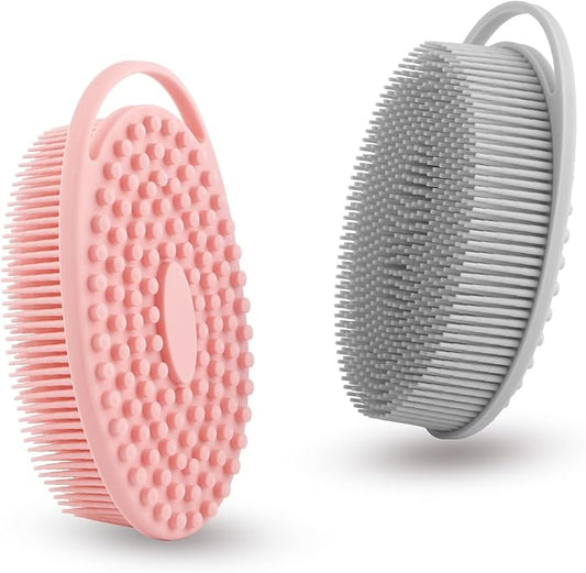 2 Pack Silicone Body Scrubber with Loofah Exfoliating Soft Body Shower Scrubber for Body, 2 in 1 Bath and Shampoo Wash Brush for Skin Exfoliation Men Women (Grey&Pink)