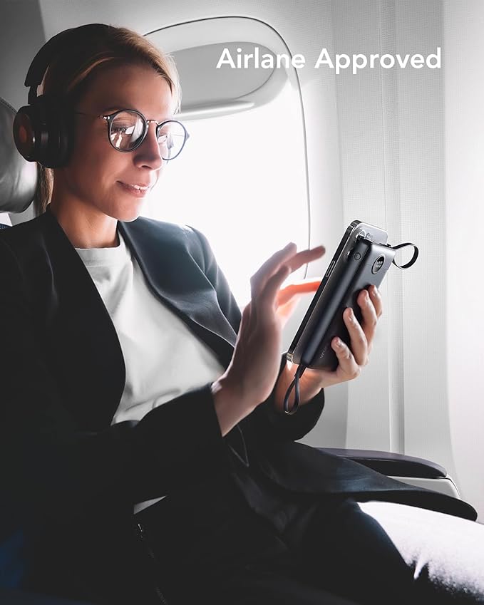 VRURC Portable Charger, 22.5W Slim Power Bank Fast Charging, 10000mAh USB C Portable Phone Charger, Compact Travel Battery Pack with Built-in Cables for iPhone 16 15 14 13, Samsung-Black(1 Pack)