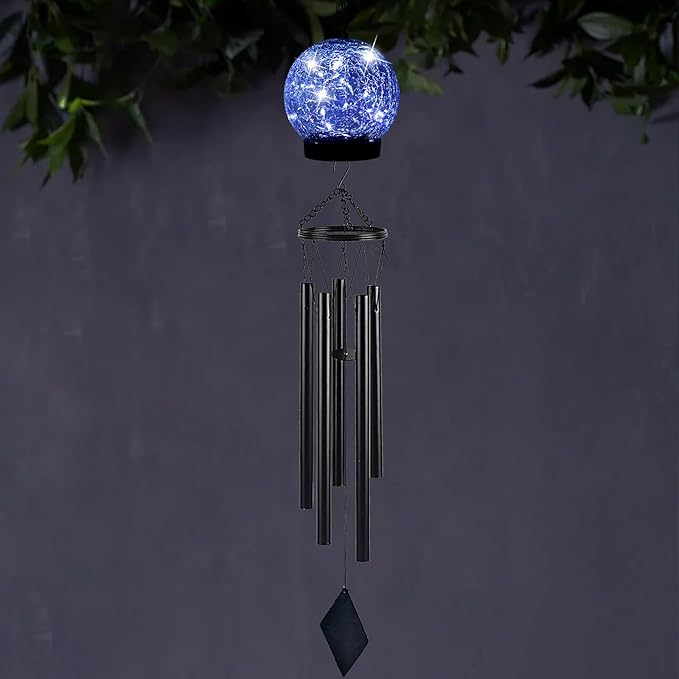 Wind Chimes Outdoor Solar Lights, 42 Inch Large Sympathy Chime 15 Blue LEDs Crackled Glass Ball Birthday Gifts for Women Decorative Hanging in Garden, Yard, Patio, Landscape