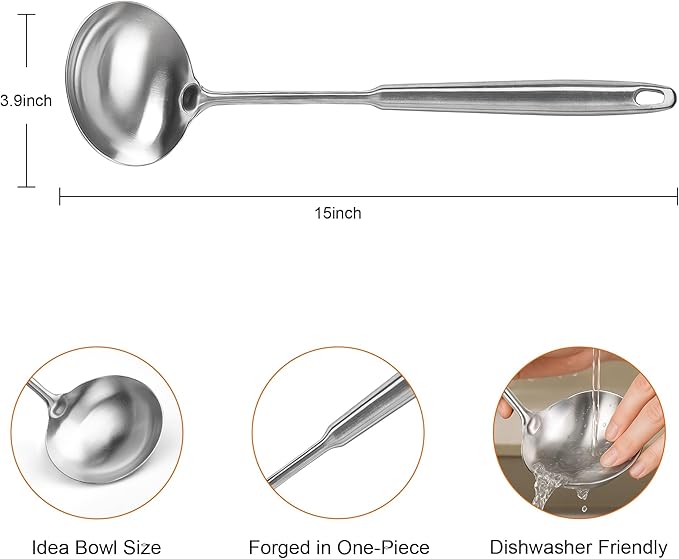 FJNATINH Soup Ladle Stainless Steel, Food Grade Metal Kitchen Ladle Spoon for Canning Soups Sauces, Easy to Clean, 15 Inches