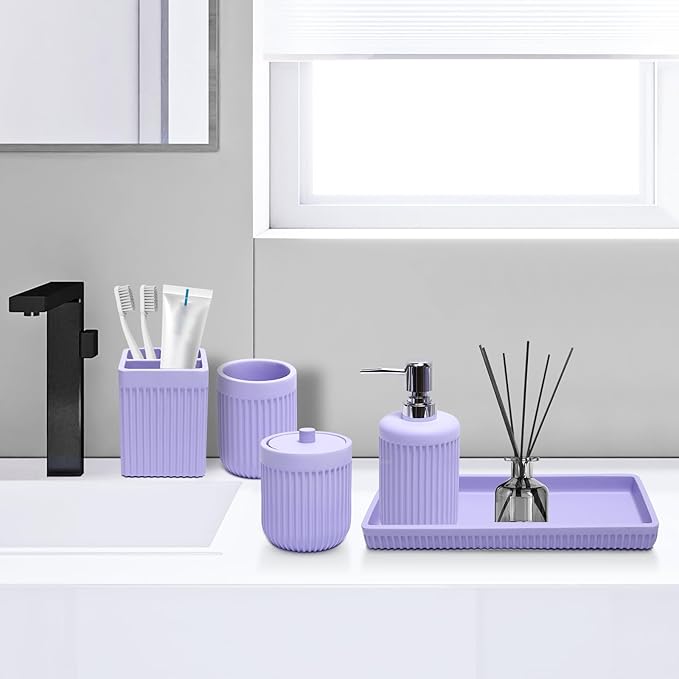 Resin Light Purple Bathroom Accessories Set 5 Pcs, Lotion Soap Dispenser, Toothbrush Holder, Bathroom Tumbler, Qtip Holder and Vanity Tray, Bathroom Countertop Organizer Set for Home Apartment