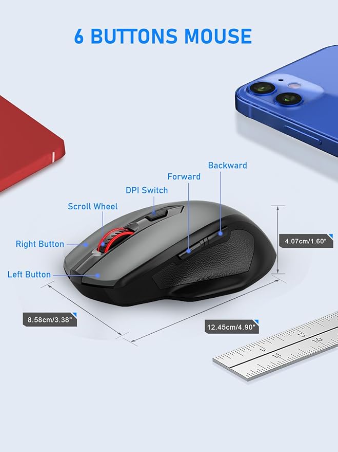 E-YOOSO Bluetooth Mouse, 4000 DPI Dual Mode (BT5.0, 2.4G) Wireless Mouse for Laptop, Office Ergonomic Computer Mice, 6 Buttons, Medium to Large Sized Hands Compatible with Laptop, Mac, PC, Tablet