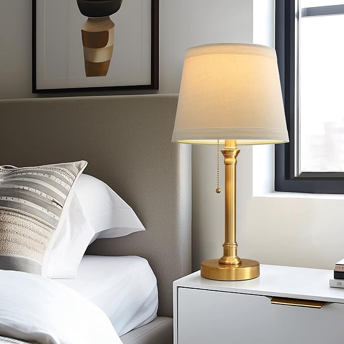 Oneach Modern Gold Brass Table Lamp Set of 2 for Bedroom Living Room 19.5'' Traditional Bedside Desk Nightstand Buffet Candlestick Samll Lamps with White Drum Shade