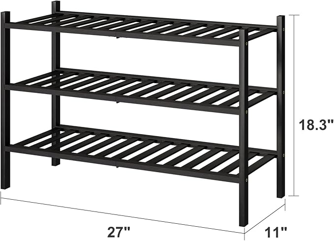 3-Tier Black Bamboo Shoe Rack for Entryway, Stackable | Foldable | Natural, Shoe Shelf Storage Organizer for Hallway Closet, Free Standing Shoe Racks for Indoor Outdoor