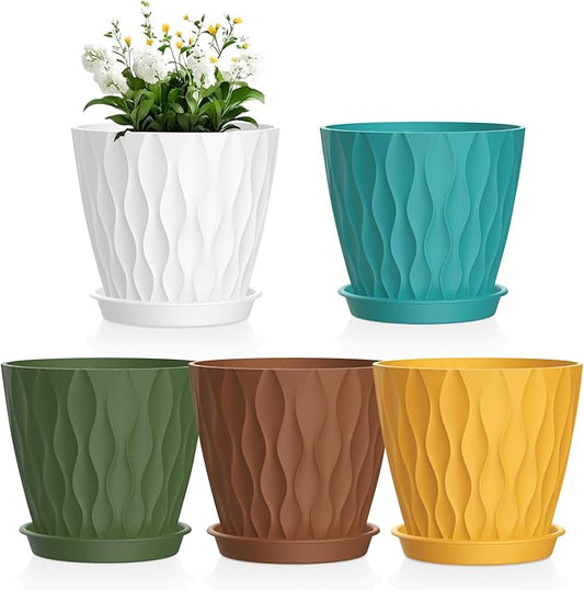 6 inch Plant Pots, 5 Pack Water Ripple Flower Pots for Indoor Outdoor Plants, Plastic Planters with Drainage Holes and Saucers, Nursery Pots for Small Succulent Garden House Plants, Multicolor