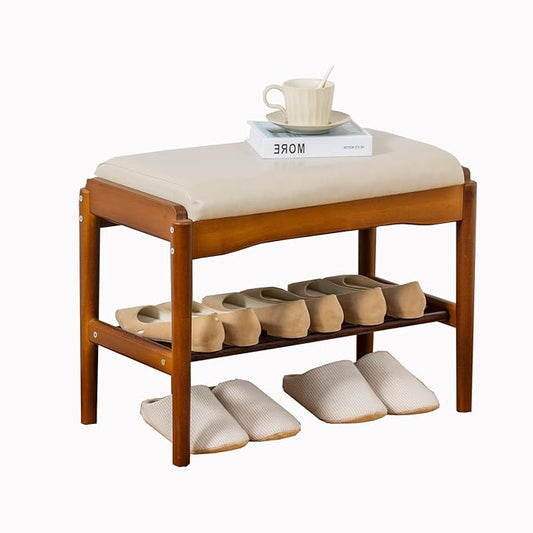 latifolia Small Shoe Bench, Solid Wood Bench with Cushion, 2 Tier Shoe Storage Organizer for Entryway(Walnut,23.62''L)