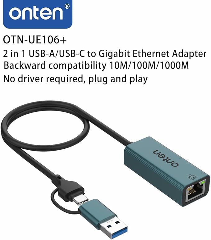 Onten USB-A and USB-C to Ethernet Adapter,Driver Free RJ45 to USB C or USB A, Gigabit Ethernet LAN Network Adapter for Windows,Mac OS, iOS and More