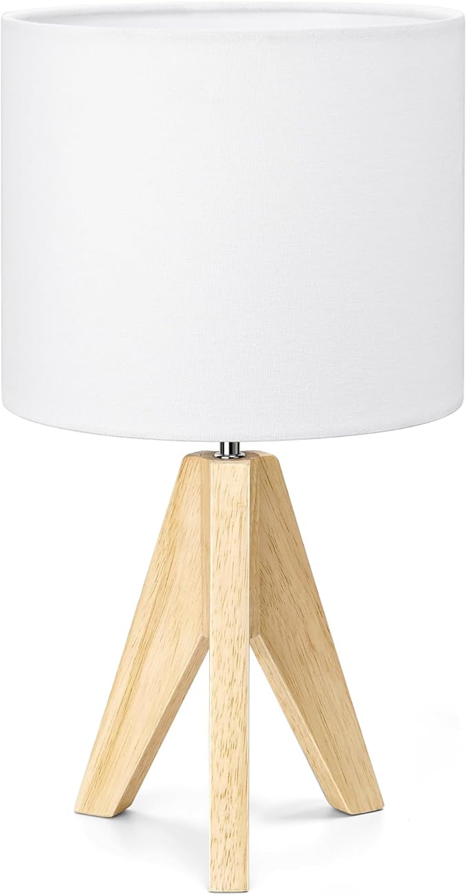 EDISHINE Small Cute Table Lamp, Wood Tripod Nightstand Lamp, Mid Century Bedside Lamp with Linen Fabric Shade for Nursery, Living Room, Bedroom, End Table, UL Listed, 14.2 Inch, ON/Off Switch
