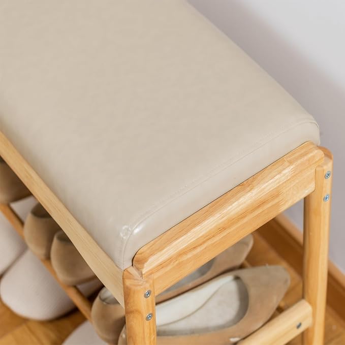 latifolia Small Shoe Bench, Solid Wood Bench with Cushion, 2 Tier Shoe Storage Organizer for Entryway(Nature,31.50''L)