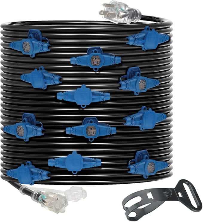 65 Feet Multi Outlet Extension Cord 12 Gauge,13 Nema 5-15R Evenly Spaced Outlets with Blue Indicators.Male Plug to Female Connector,Erboelec,ETL Listed