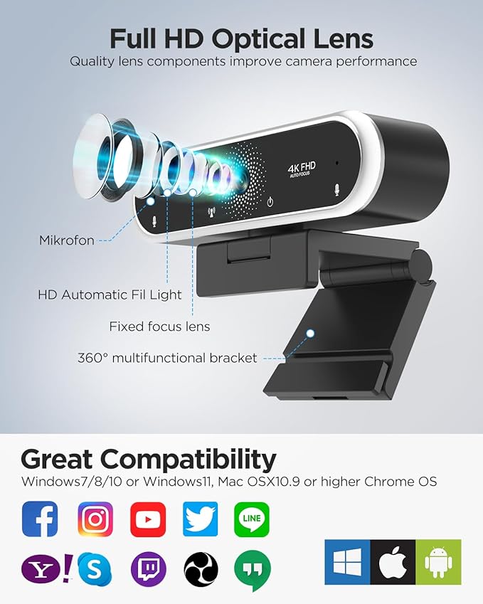 Webcam 4K with Microphone and Webcam Cover Plug and Play with Auto Light Correction for Laptop PC Desktop for Live Streaming Video Call Conference