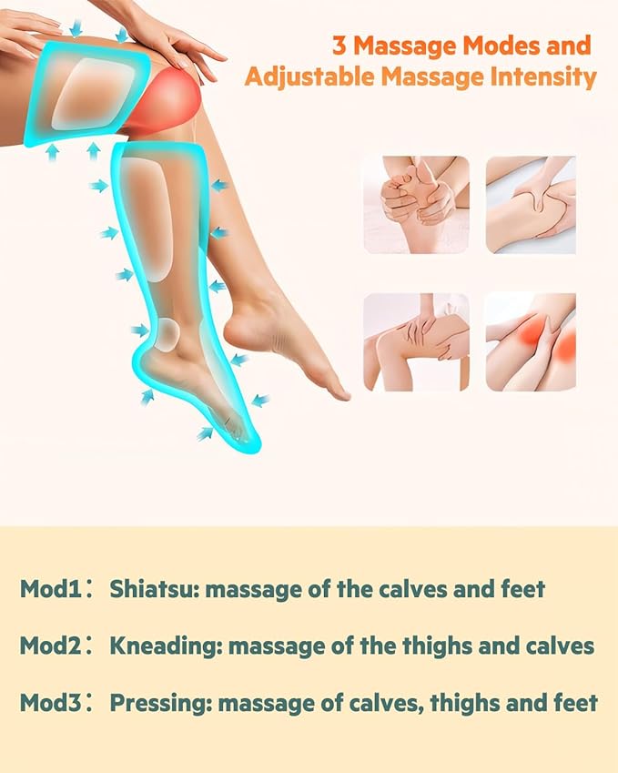 Leg Massager for Knee Heat, Air Compression Foot Massager, Thigh Massager and Calf Massager, Handheld Controller 3 Intensities 3 Modes (with 4 Extensions and Portable Bag), Gifts for Men