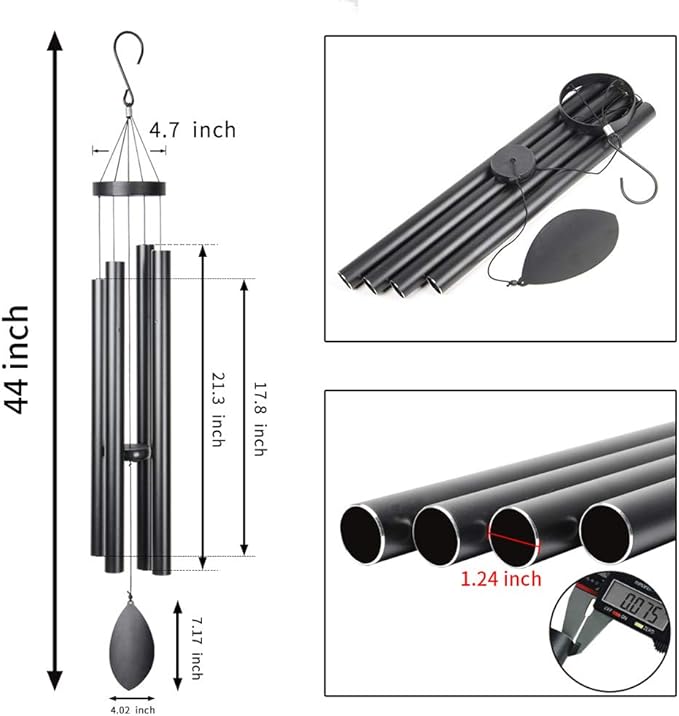 Large Wind Chimes Outside Deep Tone,44" Memorial Wind Chimes Outdoor with 4 Heavy Tubes Soothing Melody Sympathy Gift for Mom Patio Hanging Decor(Black)