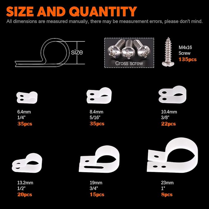 135 Pcs Cable Clamp 6 Size White Nylon R-Type Cord Wire Organizer Clips Fasteners Assortment kit with 135 Pack Screws for Wire Management