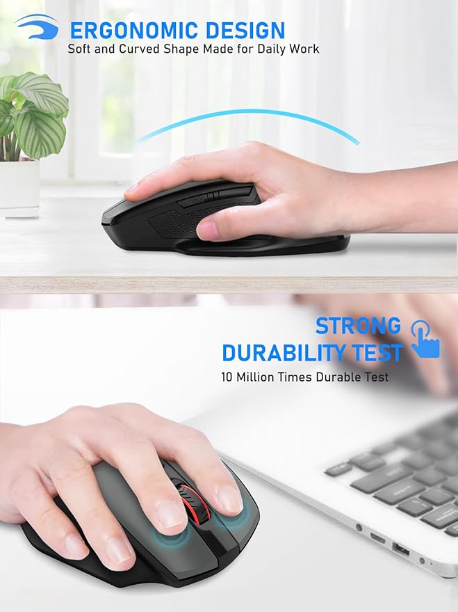 E-YOOSO Bluetooth Mouse, 4000 DPI Dual Mode (BT5.0, 2.4G) Wireless Mouse for Laptop, Office Ergonomic Computer Mice, 6 Buttons, Medium to Large Sized Hands Compatible with Laptop, Mac, PC, Tablet