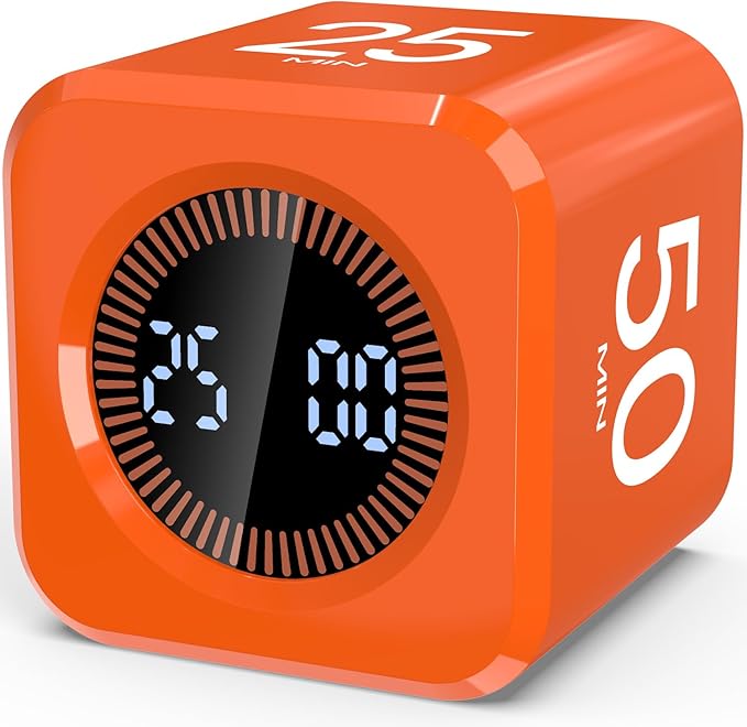 Pomodoro Timer Cube Visual Productivity Flip Timer for Kids Classroom Desk, 5/10/25/50min& Custom Countdown, Silent&Sound Mode Digital Cube for ADHD Study Work School Game Kitchen (Orange)