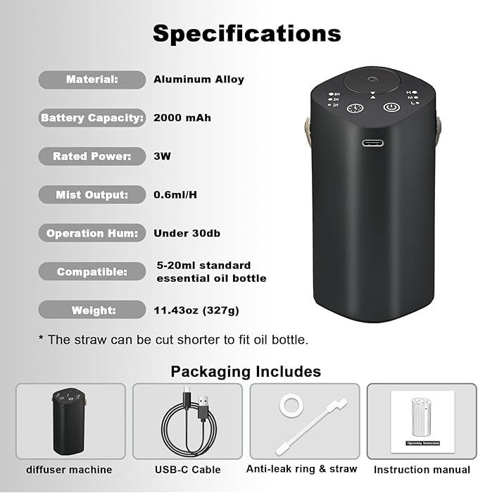 Waterless Essential Oil Diffuser with Handle, Scent Diffuser for Car Home Office Bathroom with Timer, Small Rechargeable Aromatherapy Diffuser, Portable Cordless Aroma Car Diffuser, Black