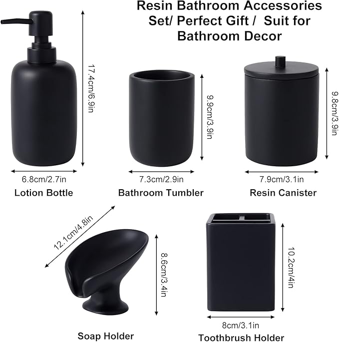 Resin Matte Black Bathroom Accessories Set of 5, Lotion Soap Dispenser, Bathroom Organizer Accessory, Toothbrush Holder, Self Draining Soap Dish and Bathroom Tumbler for Modern Home Decor
