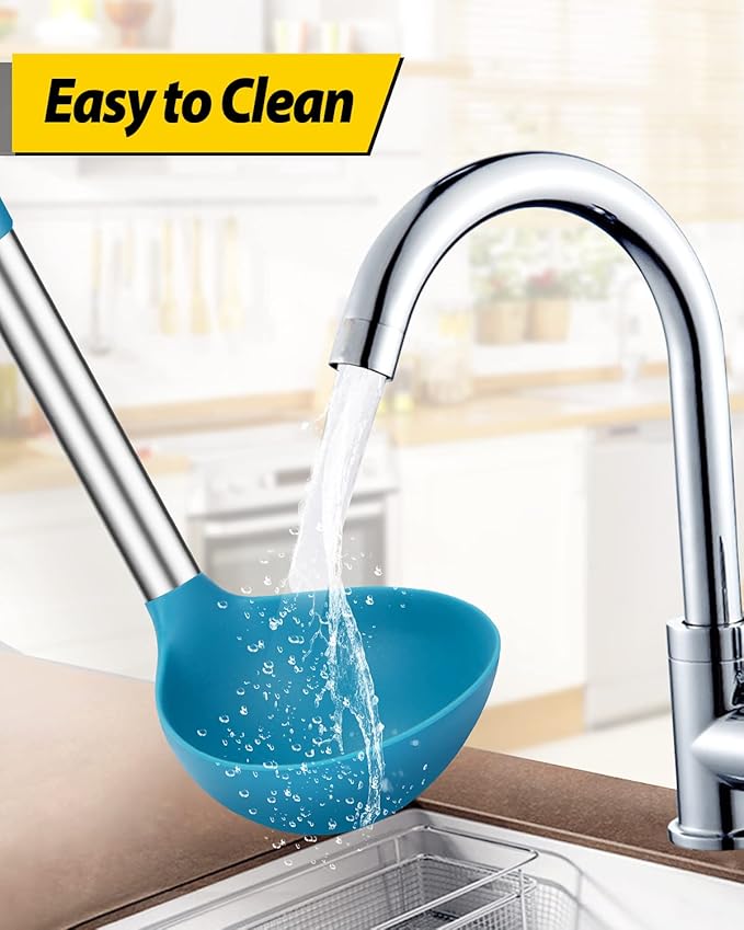 Pack of 2 Ladle Spoon,Silicone Large Spoon for Soup,Non Stick Kitchen Utensils with High Heat Resistant,BPA Free Perfect Kitchen Tools for Cooking, Stirring,Serving Soups (GREY-BLUE)