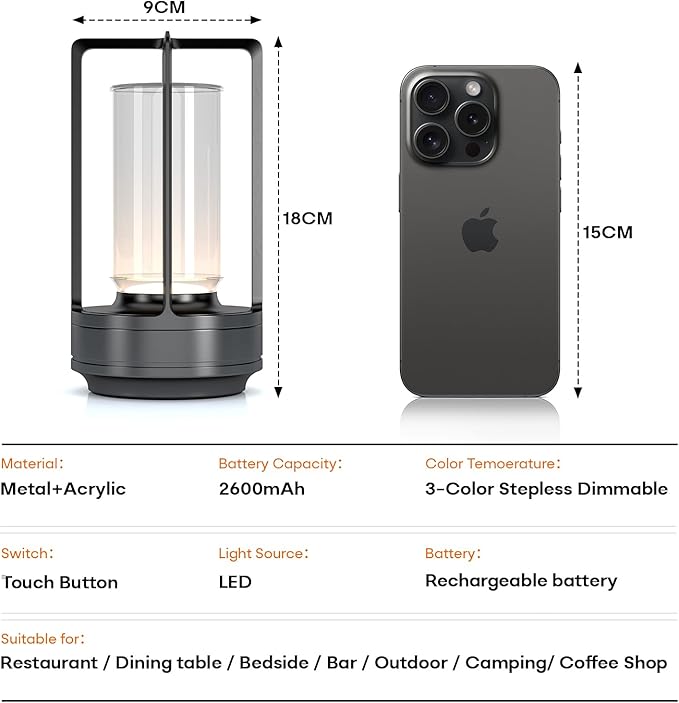 Portable Outdoor Table Lamp, Cordless Dimmable Touch Table Light, Rechargeable Battery Operated Small Lamp with 3 Colors and Brightness Control for Bedroom/Patio/Camping/Bar/Coffee Shop (Grey)