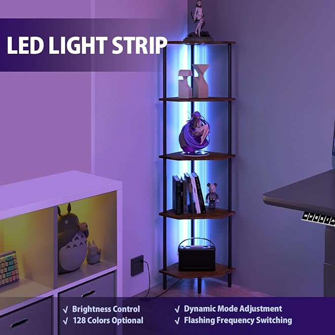 5 Tier Corner Shelf with LED Light,Tall Standing Shelf Organizer,Narrow Bookshelf,The Classic Combination of Rustic Brown and Black Standing Bookcase,Suitable for Bedroom,Living Room,Kitchen