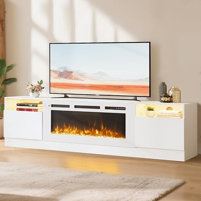 70" TV Stand with 36" Electric Fireplace, Large Modern Media Entertainment Center with Storage Cabinet and 12 Colors LED Lights for TVs Up to 80",All White