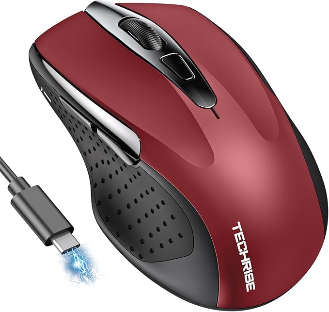 TechRise Bluetooth Mouse (BT5.0/3.0 & 2.4G) Rechargeable Wireless Mouse, 4800 DPI Optical Tracking, 6 Adjustable DPI, 2.4GHz with USB A Receiver, Quiet Clicks, Ergonomic Grips, 6 Buttons - Red