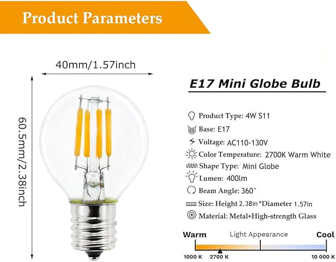 5-Pack E17 S11 LED Light Bulb,E17 Intermediate Base Mini Globe Bulb 4W Warm White 2700K,40 Watt S11 G40 Incandescent Bulb Replacement for Desk Lamp,Cabinet,Closet Non Dimmable