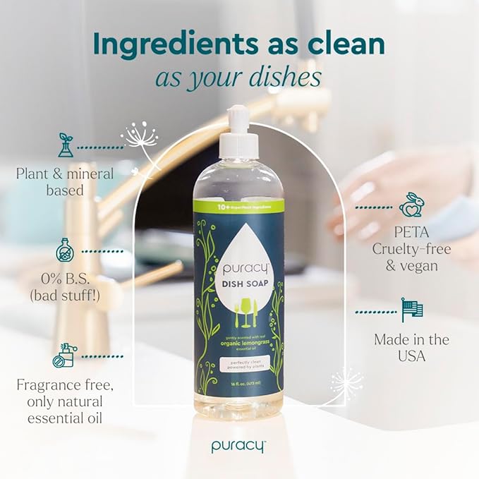 Puracy Natural Dish Soap Refill - Skin-Softening Plant-Based Liquid Dishwashing Detergent Soap, Clean-Rinsing Water-Sheeting Formula (Organic Lemongrass, 48 fl oz)