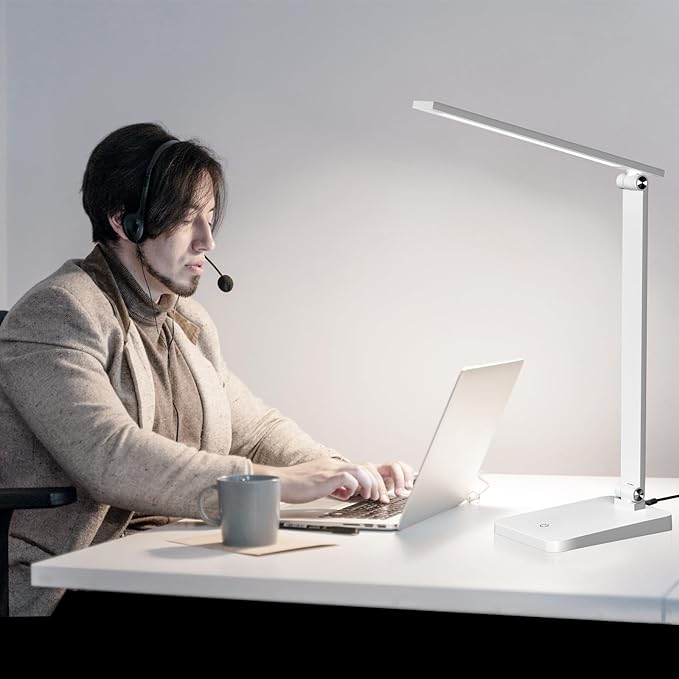 LED Desk Lamp for Home Office, 3 Levels Dimmable Desk Light with USB Charging Port, Small Study Lamp, Reading Light for Table, White, 5000K
