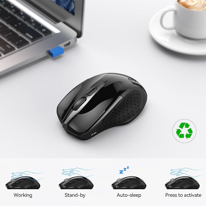 TECKNET Wireless Mouse (2.4G & BT5.0/3.0) Silent 4800 DPI Computer USB A & Bluetooth Mouse 6 Buttons, Wide Compatibility - Black