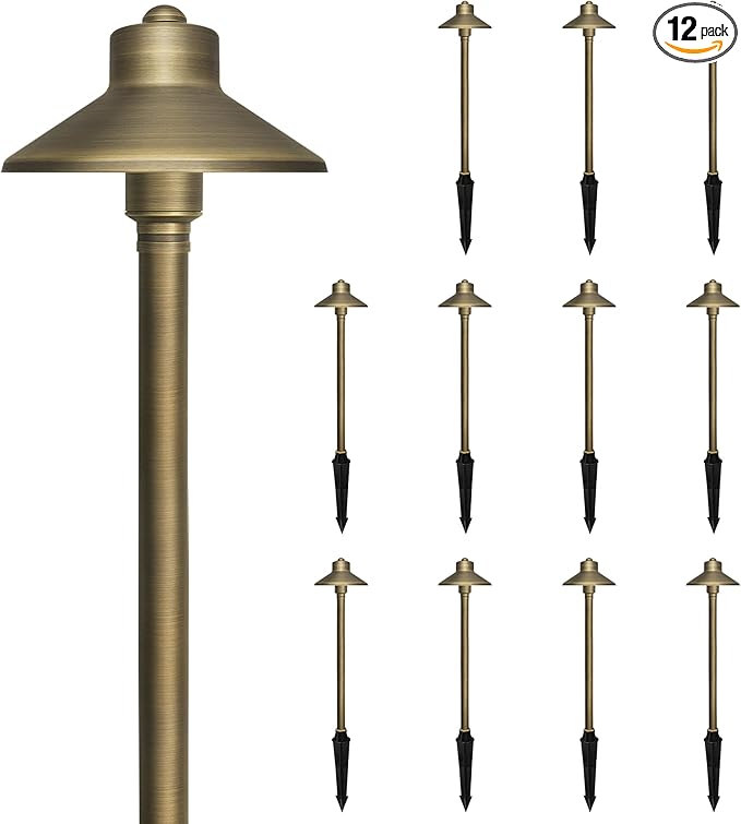 GKOLED Solid Brass Landscape Path Lights (5" Shade, 20" Tall), Low Voltage LED 3W 12-24V China Hat Path Lighting, Outdoor Waterproof Walkway Light, 2700K Warm White, with Stake and G4 Bulb, 12 Pack