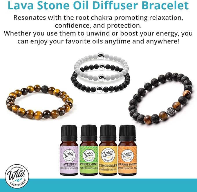 Wild Essentials Tiger Eye and Lava Stone Bracelet, Expandable up to 8 inches, Aromatherapy Jewelery for Women, Men, Esssential Oil Diffuser, Grounding Calming Strength Confidence