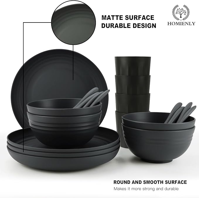 Homienly Wheat Straw Dinnerware Sets, Homienly 20pcs Unbreakable Microwave Dishwasher Safe Tableware Lightweight Bowls, Cups, Plates Set Reusable Dinner Plates Bowls set (Matte Black)