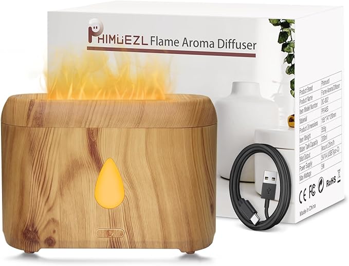 Flame Diffuser for Essential Oils, 200ml Ultrasonic Aroma Diffusers with Cool Mist, Aromatherapy Diffuser with Auto-Off Protection, Small Humidifier for Home,Office,Bedroom,Gift (Wooden Grain)