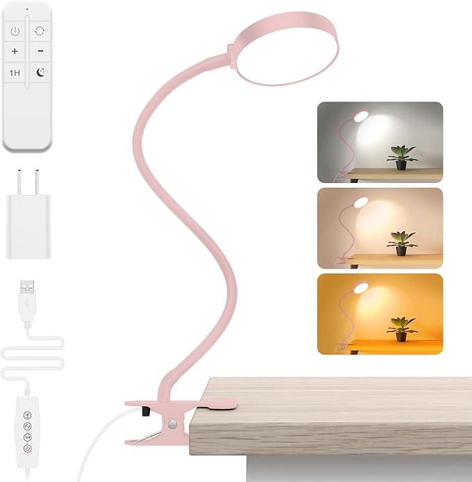 Reading Light with Remote, LED Desk Lamp Clip on [1H Timer & Nightlight] RA>95 Dimmable Flexible Gooseneck, Reading Lamp with Clamp for Table - 3.5'' (Adapter Included)