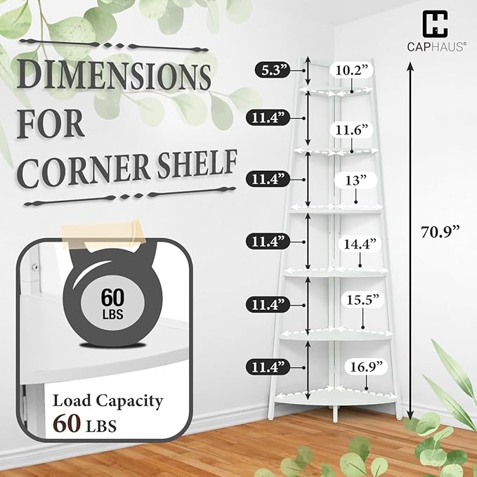 CAPHAUS Tall Corner Shelf Stand, 6-Tier Display Shelves, Ladder Corner Wood Storage Plant Bookshelf with Metal Frame, Versatile Shelving Unit Bookcase for Home Office Space, White