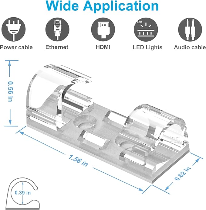 Cable Clips Clear (Large, 26PCS), Heavy Duty Extension Cord Clips Wall, Adhesive Wire Holders Clips Electric Wires Cord Organizer, Powre Cable, PC, Ethernet, TV-Coax, LED Light Clips