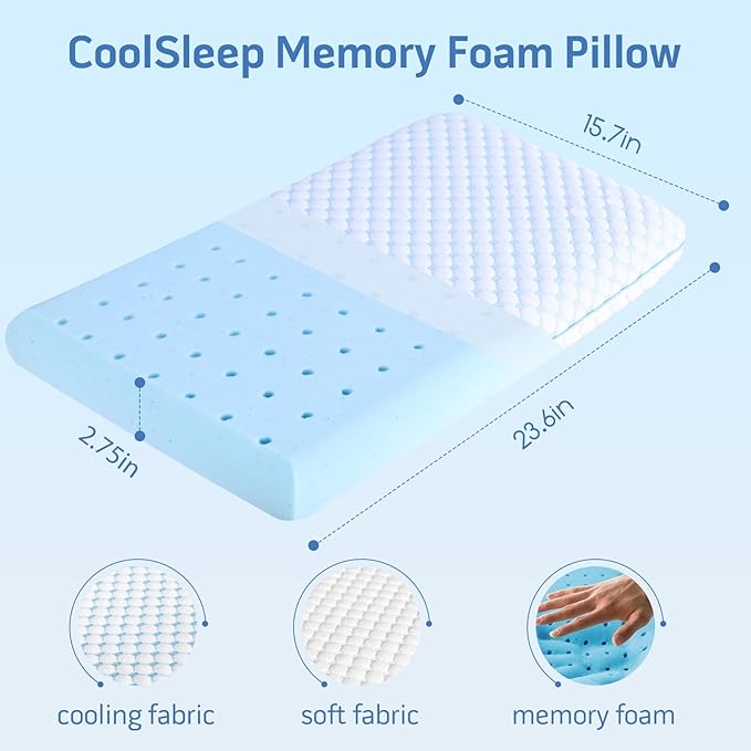Flat Pillow for Stomach and Back Sleepers, Ultra Thin Pillow for Sleeping, Cooling Gel Slim Stomach Sleeping Pillows for Shoulder Neck Pain Relief, Low Profile Memory Foam Pillows 2.75-inches