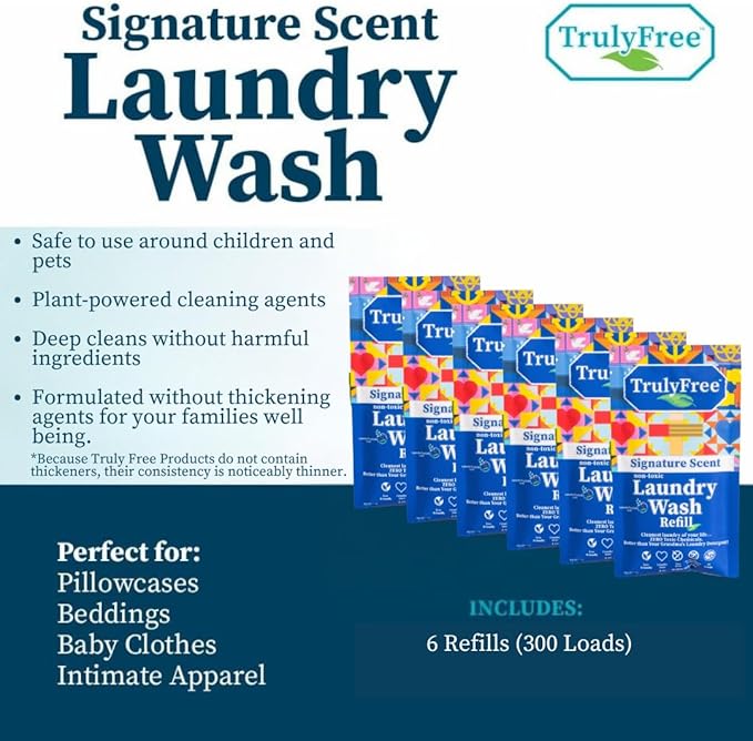 Natural Laundry Detergent for Sensitive Skin | Eco Friendly, Plant Based, Baby Clothes Safe | Clean & Easy Powder to Liquid, 6 Pack Refill Detergent, NO Jug | Signature Scent, 300 Loads