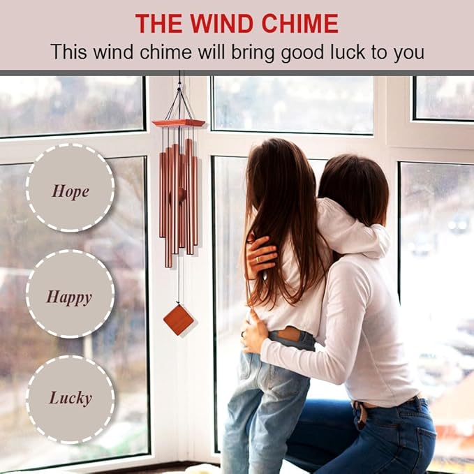 39" Large Wooden Wind Chimes for Outside,High-pitched Wind Chimes Outdoor with 6 Heavy Tubes for Patio,Garden Hanging Décor, Sympathy Gifts, Rose Golden