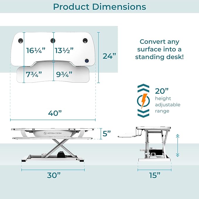 VERSADESK® Electric Standing Desk Converter, 40 Inch Large PowerPro™ Height Adjustable Sit to Stand Desk Riser with Keyboard Tray, Built-in USB Charging Outlet, Ergonomic Workstation, White
