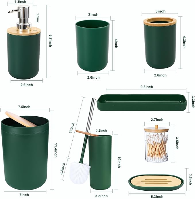 iMucci Bathroom Accessories Bathroom Set with Trash Can Toothbrush Holder Soap Dispenser Soap and Lotion Set Tumbler Cup(9Pcs Dark Green Wood Cover)