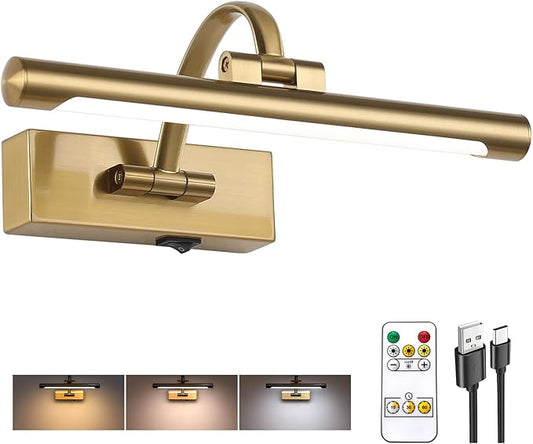 Rechargeable Picture Light with Remote Control,12 Inch Brass Finish Adjustable Wireless Art Lighting Fixture,Painting Lights with Timer,3 Color Temperature and Dimmable